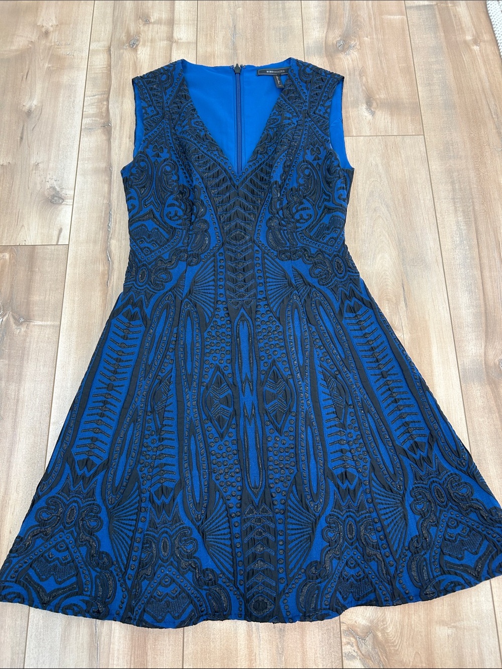 BCBGMaxAzria Royal Blue and Black V-Neck Fit & Flare Dress
